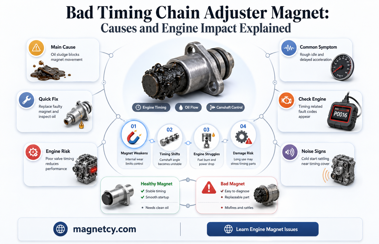 can a bad engine timing canshaft adjuster magnet causes