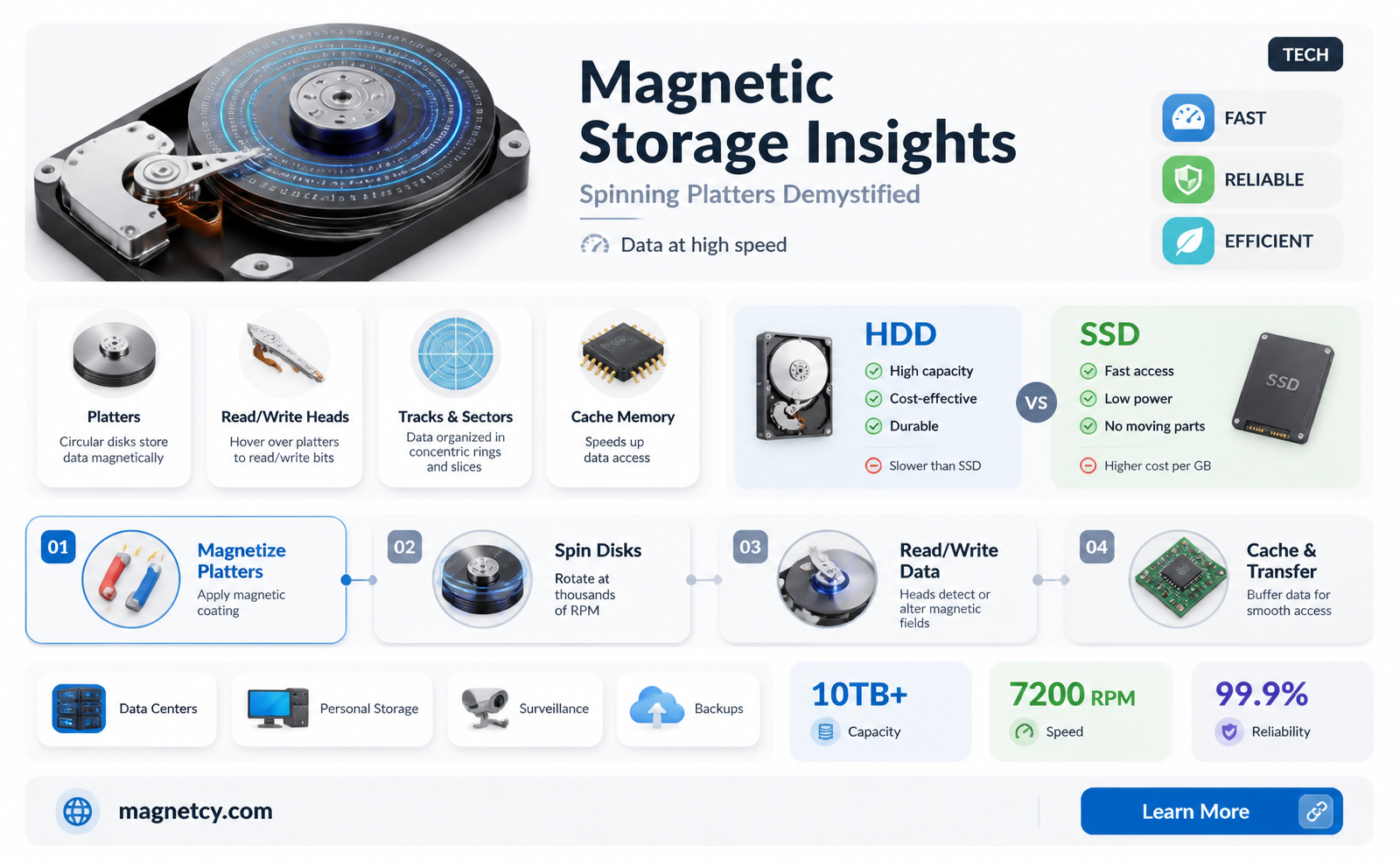 are made of fast spinning platters and hold data magnetically