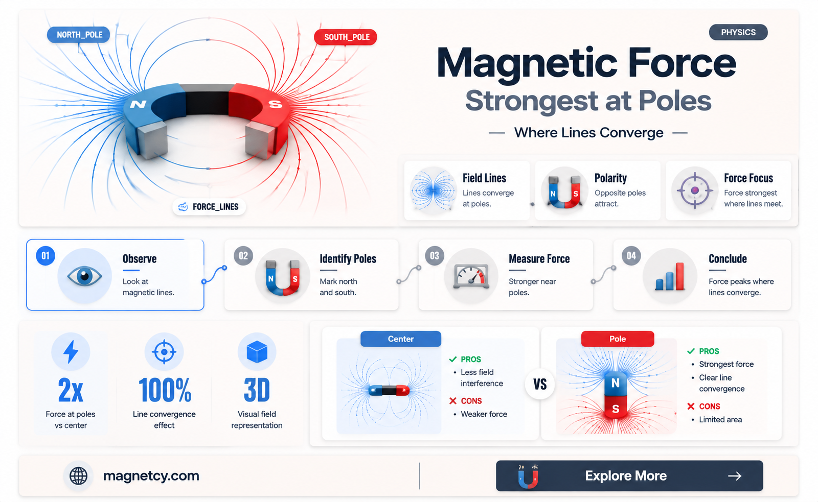 are strongest at magnetic poles where lines are closest together