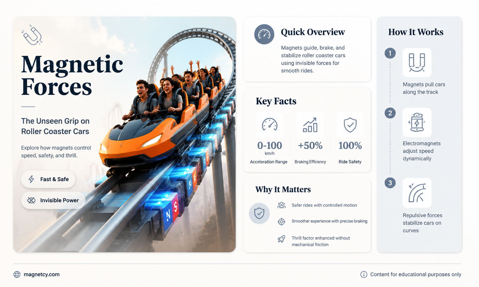 are roller coaster cars held onto the track by magnetism